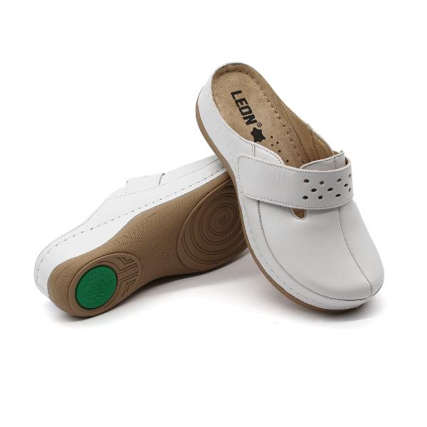 Leon Damen Lederclogs Modell 902 mit rutschfester PU-Sohle und atmungsaktivem Leder – ideal für lange Arbeitstage - weiß 01
