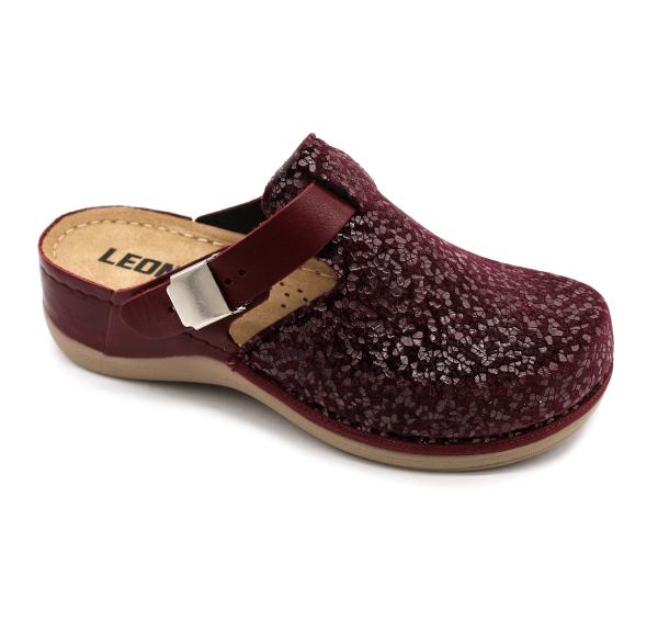 Leon Damen Clogs Modell 903 in Bordo – bequeme, elastische Damenclogs mit rutschfester Sohle und modernem Design.