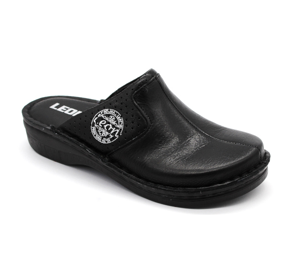 Leon Damen Lederclogs 360 in Schwarz – Nappaleder, Memory-Schaum, rutschfeste Sohle