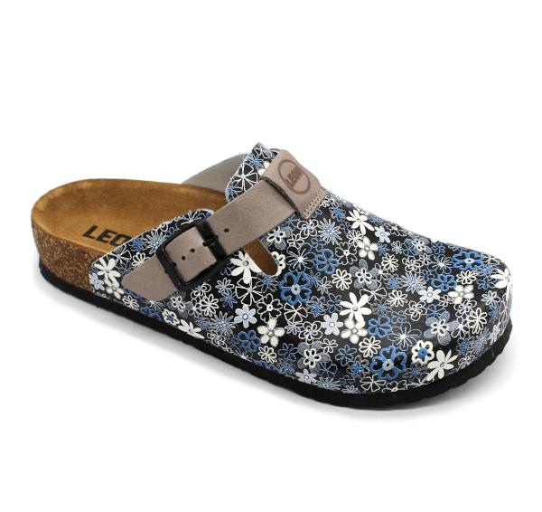 Leon Damen Lederclogs 4250 C mit blauem Blumenmuster, Korksohle und rutschfester Unterseite
