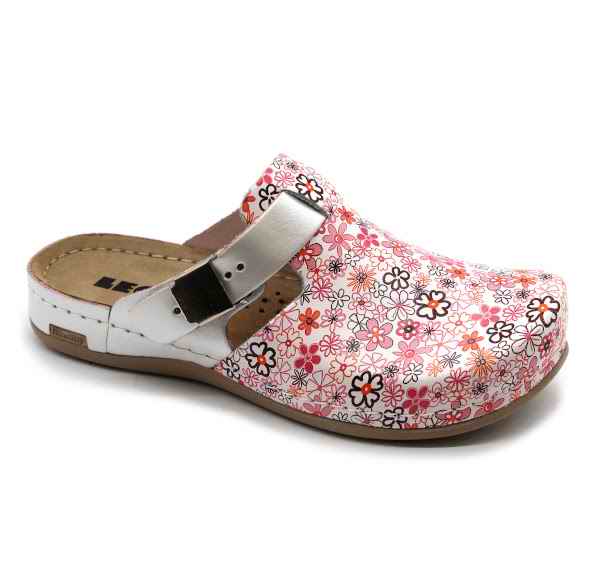 Leon Damen Lederclogs Modell 950C Blumen Rosa – bequeme medizinische Schuhe aus Leder
