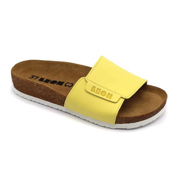 Leon Damen Lederschuhe Modell 4022 – offene Lederpantoffeln mit anatomischer Korksoh-gelble und Gel-Innensohle