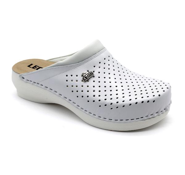 Leon Damen Lederclogs PU100 in Weiß – bequeme, anatomische Arbeitsschuhe aus echtem Leder mit rutschfester PU-Sohle, ideal für Pflege und Alltag.