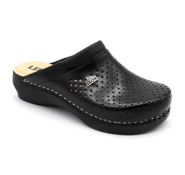 Leon Damen Lederclogs PU100 in Schwarz – bequeme, anatomische Arbeitsschuhe aus echtem Leder mit rutschfester PU-Sohle, ideal für Pflege und Alltag.