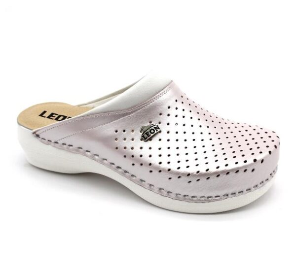 Leon Damen Lederclogs Modell PU100 in Pearl – anatomische, bequeme Berufsschuhe aus Leder