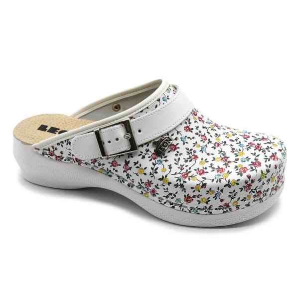 Leon Damenlederclogs PU 101 Blumen-Zitrone – Damenclogs mit floralem Muster
