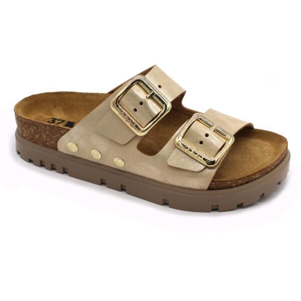 Leon 6010 Damen Slipper in Gold mit zwei Schnallen und Korkfußbett